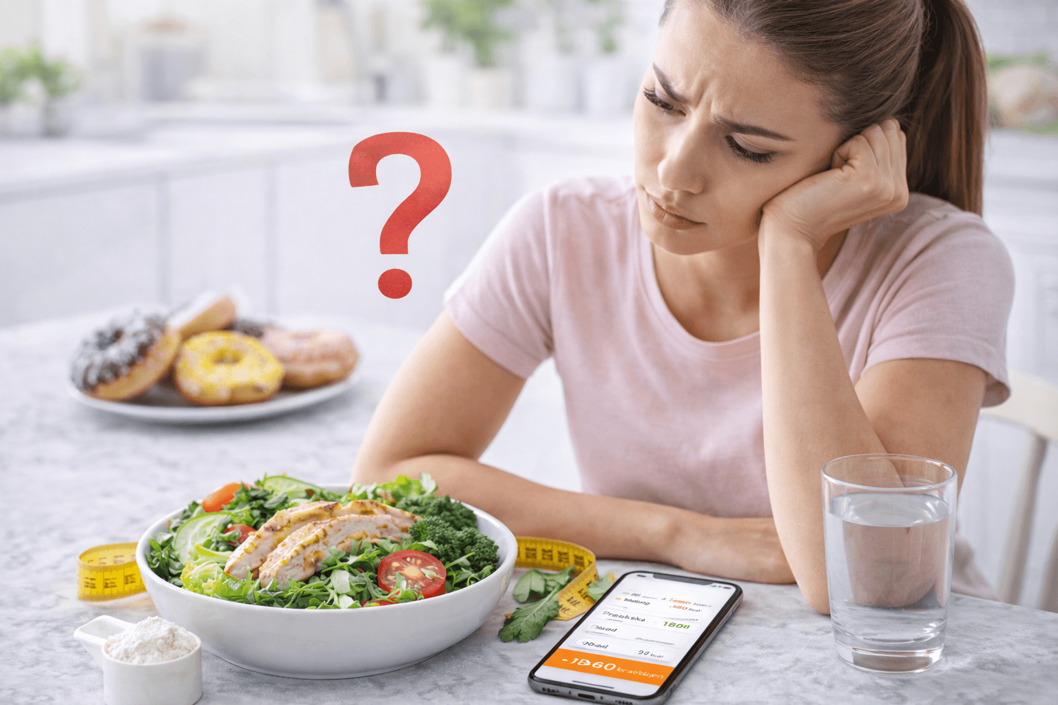 Grafika przedstawiająca kobietę siedzącą przy zdrowym posiłku i telefonie z aplikacją dietetyczną, wyglądającą na zmartwioną lub sfrustrowaną, z dużym znakiem zapytania w tle oraz talerzem pączków w oddali.