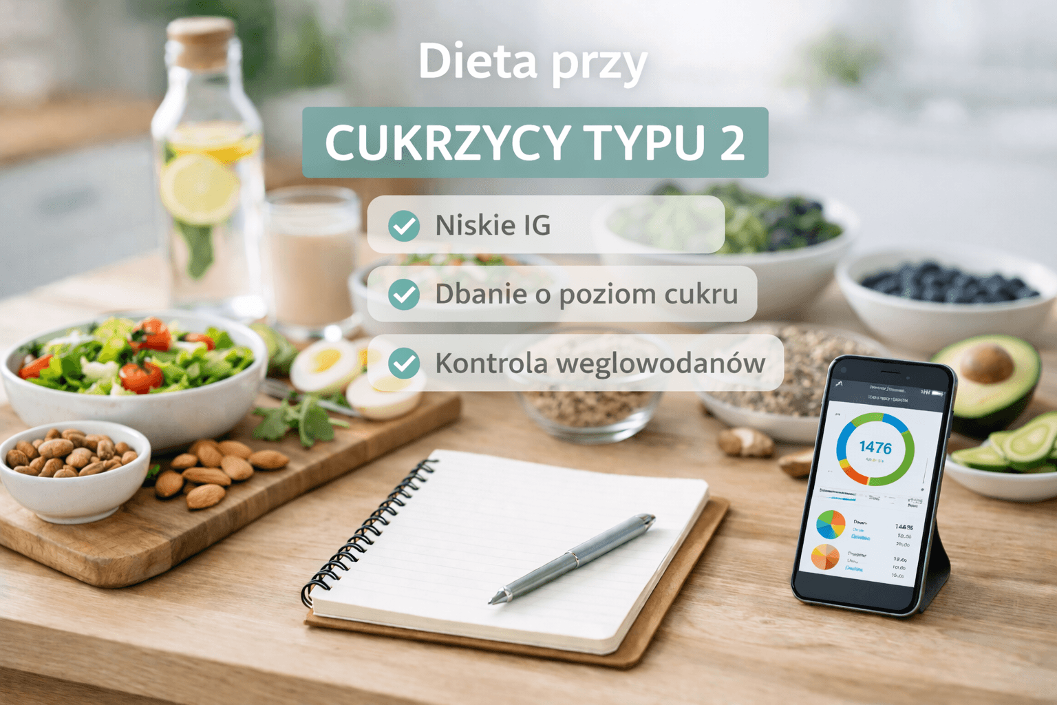 Grafika o diecie przy cukrzycy typu 2 z zdrowymi produktami, notatnikiem i telefonem z aplikacją dietetyczną.