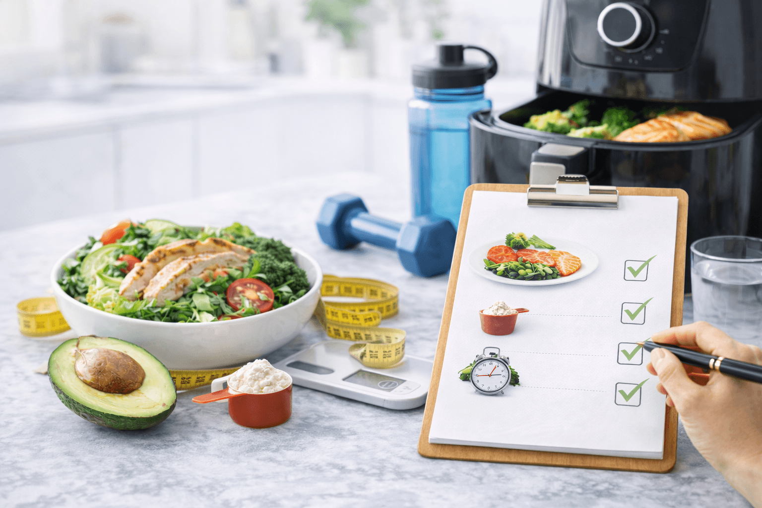 Grafika przedstawiająca zasady diety na redukcję tkanki tłuszczowej – na blacie znajdują się zdrowe produkty, shaker, hantel, waga kuchenna i miarka, a obok deska z checklistą dotyczącą posiłków, porcji i planowania.