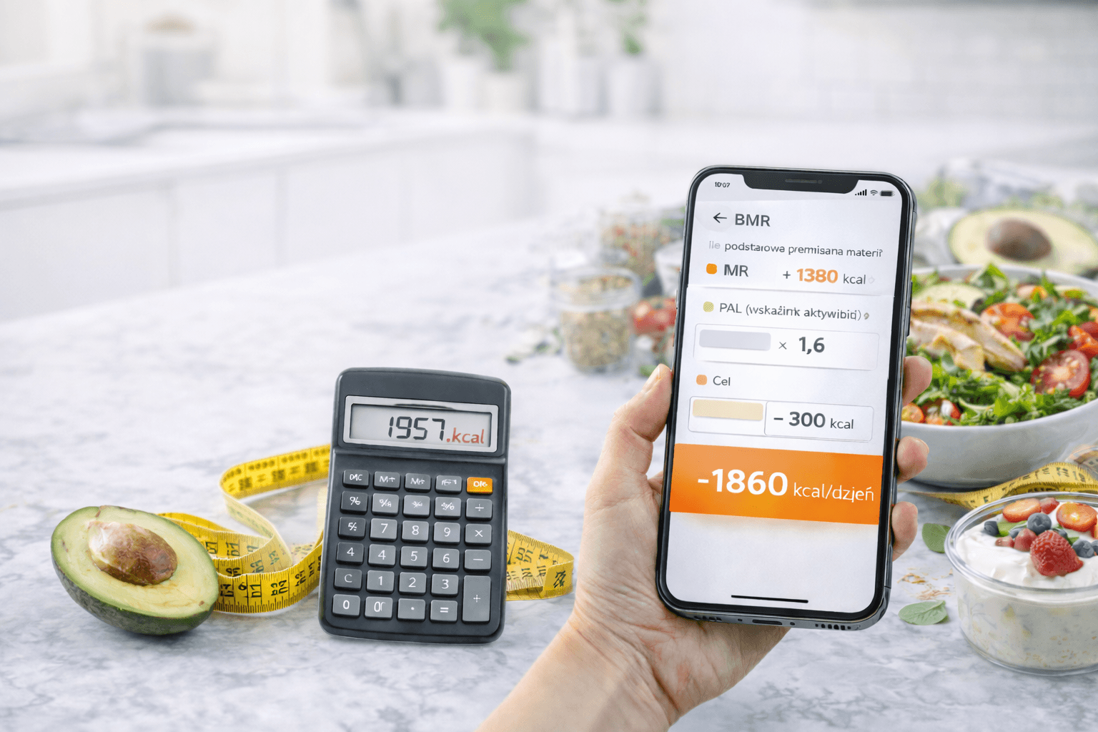 Dłoń trzyma smartfon z kalkulatorem zapotrzebowania kalorycznego, obok na blacie leżą kalkulator, miarka krawiecka, awokado oraz zdrowe posiłki.