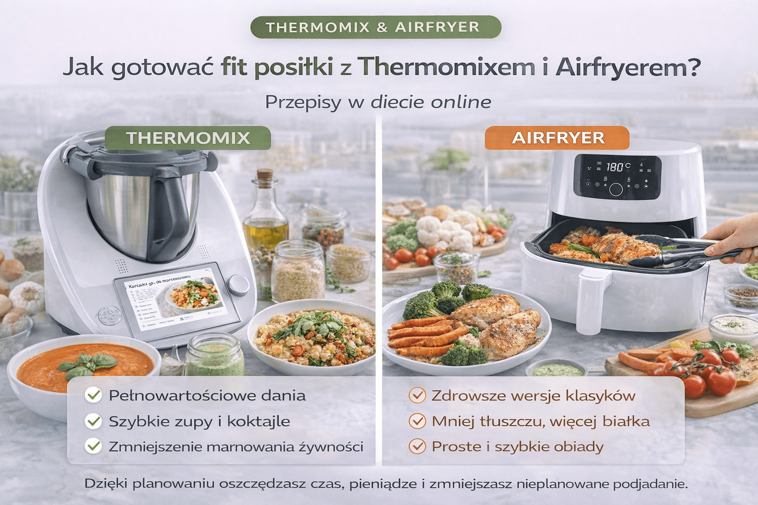 Zdrowe posiłki przygotowane w Thermomixie i Airfryerze w nowoczesnej kuchni