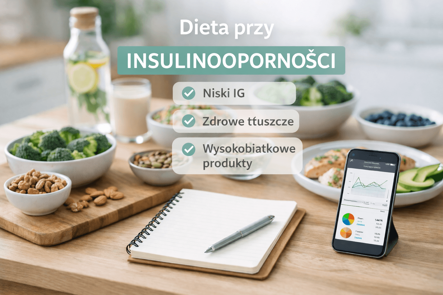 Grafika informacyjna o diecie przy insulinooporności. Na stole widać zdrowe produkty, notatnik oraz telefon z aplikacją dietetyczną. Na grafice widnieją hasła: „Niski IG”, „Zdrowe tłuszcze” i „Wysokobiałkowe produkty”.