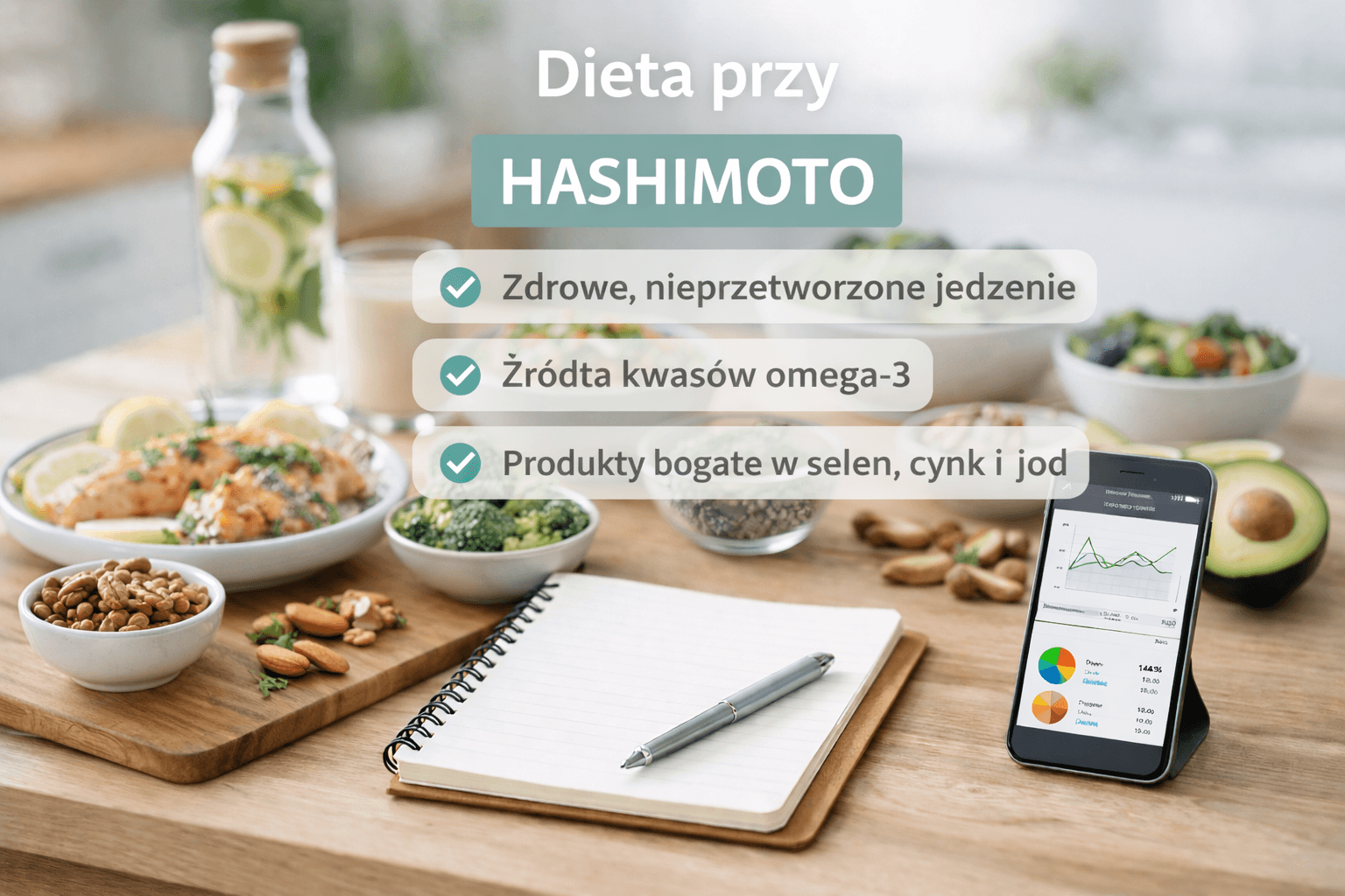 Grafika informacyjna o diecie przy Hashimoto. Na stole znajdują się zdrowe, mało przetworzone produkty, notatnik oraz telefon z aplikacją dietetyczną. Na grafice widnieją hasła: „Zdrowe, nieprzetworzone jedzenie”, „Źródła kwasów omega-3” oraz „Produkty bogate w selen, cynk i jod”.