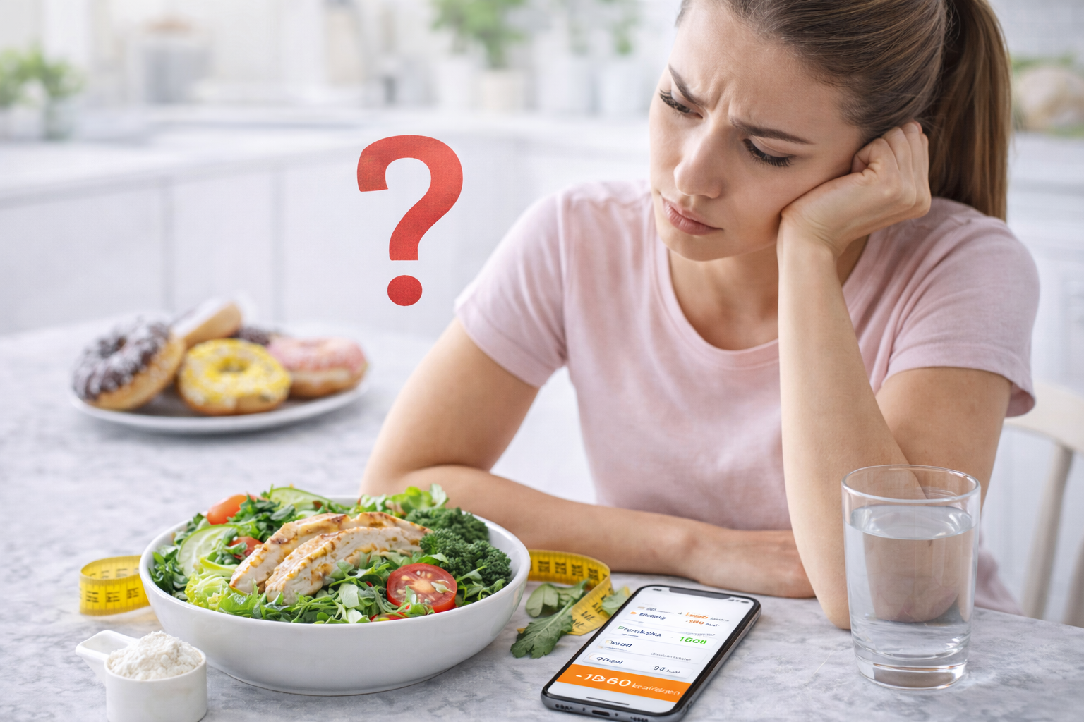 Grafika przedstawiająca kobietę siedzącą przy zdrowym posiłku i telefonie z aplikacją dietetyczną, wyglądającą na zmartwioną lub sfrustrowaną, z dużym znakiem zapytania w tle oraz talerzem pączków w oddali.