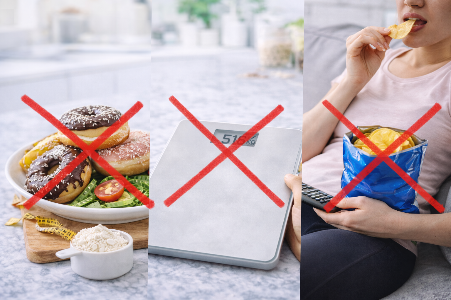 Ilustracja przedstawiająca zdrowe odchudzanie bez efektu jojo – kobieta mierząca talię, zdrowe jedzenie, aktywność fizyczna oraz przemiana sylwetki z nadwagi do szczupłej.