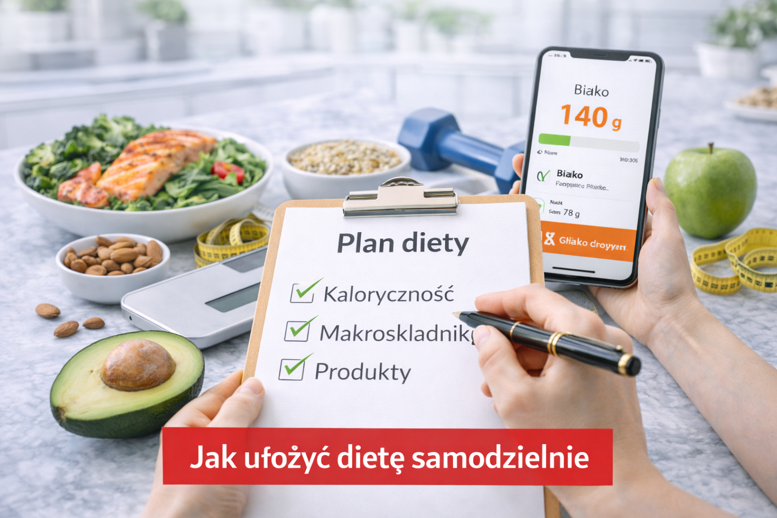 Grafika przedstawiająca samodzielne układanie diety – na pierwszym planie widoczny jest plan diety z punktami: kaloryczność, makroskładniki i produkty, a obok telefon pokazujący cel spożycia białka oraz zdrowe produkty spożywcze.