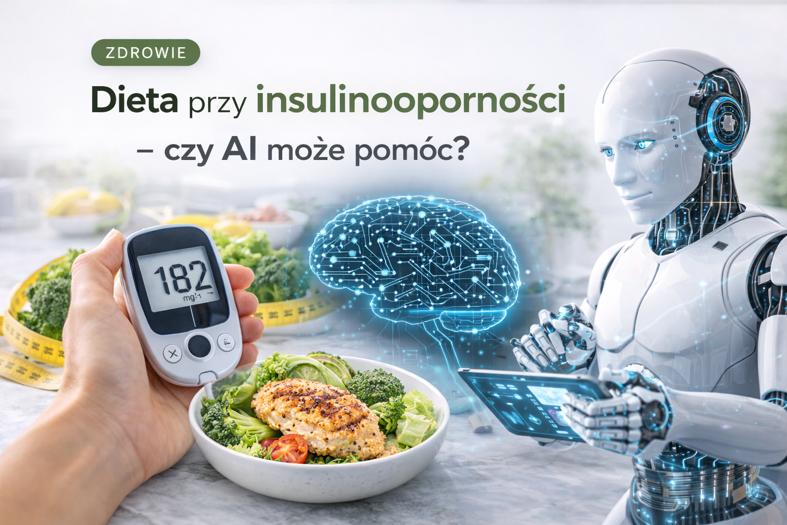 Glukometr i nowoczesna grafika AI wspierająca plan żywieniowy przy insulinooporności